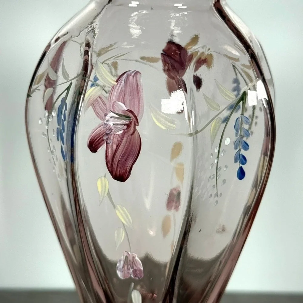 Fenton Amethyst Glass Floral Vase Hand Painted Ruffled Rim 9